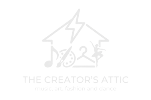 Logo of The Creator's Attic with musical notes, a hanger, and star on a white background.